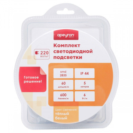 Светодиодная влагозащищенная лента Apeyron 6W/m 60LED/m 3528SMD теплый белый 5M 10-58 Алматы