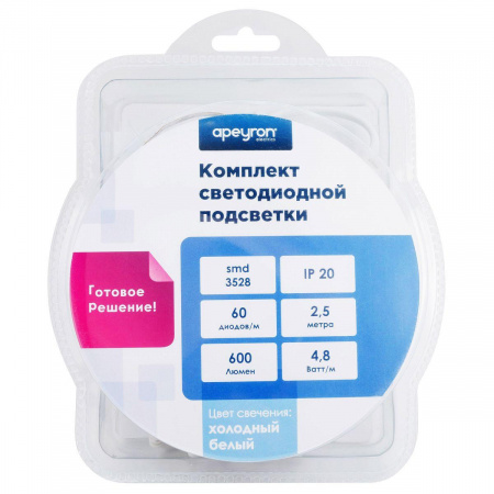 Светодиодная лента Apeyron 4,8W/m 60LED/m 3528SMD холодный белый 2,5M 10-07 Алматы