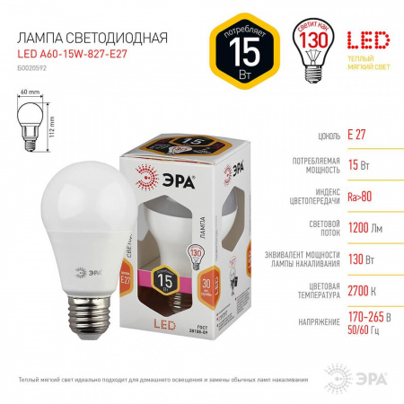 Лампа светодиодная ЭРА E27 15W 2700K матовая LED A60-15W-827-E27 Б0020592 Алматы Лампа светодиодная ЭРА E27 15W 2700K матовая LED A60-15W-827-E27 Б0020592
