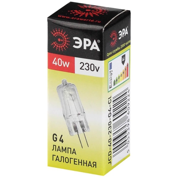 Лампа галогенная ЭРА G4 40W 2700K прозрачная G4-JCD-40W-230V-CL C0039280