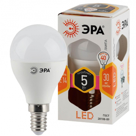 Лампа светодиодная ЭРА E14 5W 2700K матовая LED P45-5W-827-E14 Б0028485