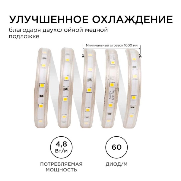 Светодиодная влагозащищенная лента Apeyron 4,8W/m 60LED/m 3528SMD холодный белый 5M 10-04 Алматы