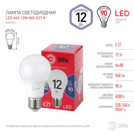 Лампа светодиодная ЭРА E27 12W 6500K матовая A60-12W-865-E27 R Б0045325 Алматы Лампа светодиодная ЭРА E27 12W 6500K матовая A60-12W-865-E27 R Б0045325