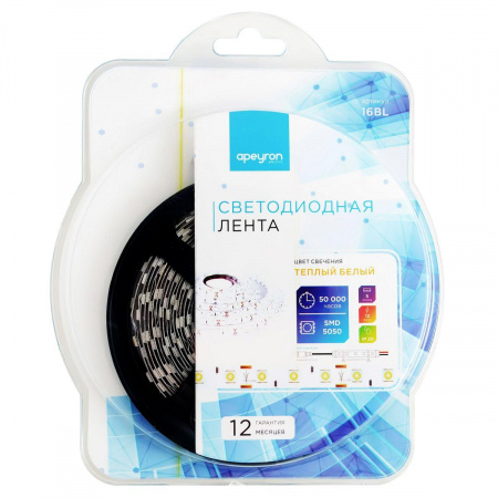 Светодиодная лента Apeyron 14,4W/m 60LED/m 5050SMD теплый белый 5M 16BL Алматы