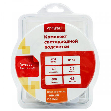 Светодиодная влагозащищенная лента Apeyron 4,8W/m 60LED/m 5050SMD теплый белый 2,5M 10-21 Алматы