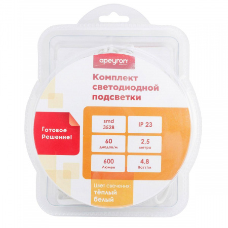 Светодиодная лента Apeyron 4,8W/m 60LED/m 3528SMD теплый белый 2,5M 10-08 Алматы