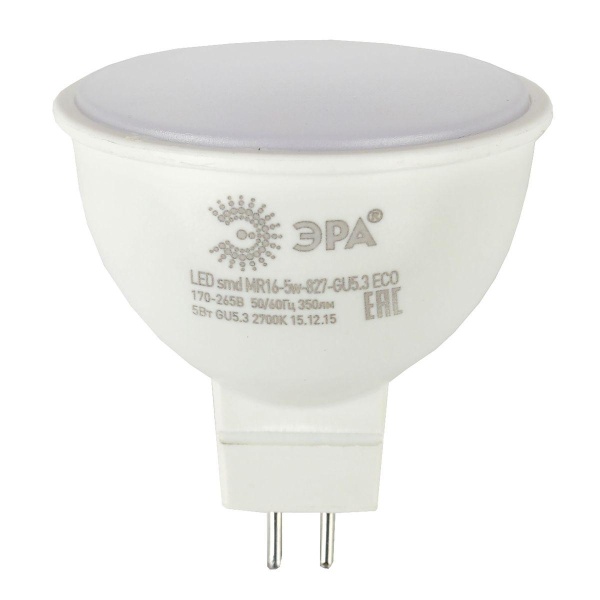 Лампа светодиодная ЭРА GU5.3 5W 4000K матовая LED LED MR16-5W-840-GU5.3 R Б0049639