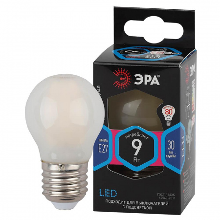 Лампа светодиодная филаментная ЭРА E27 9W 4000K матовая F-LED P45-9w-840-E27 frost Б0047030