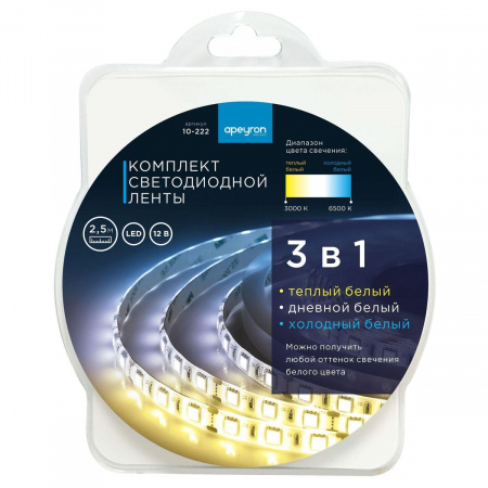 Светодиодная лента Apeyron 14,4W/m 60LED/m 5050SMD теплый белый/холодный белый 2,5M 10-222 Алматы