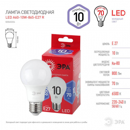 Лампа светодиодная ЭРА E27 10W 6500K матовая A60-10W-865-E27 R Б0045324 Алматы Лампа светодиодная ЭРА E27 10W 6500K матовая A60-10W-865-E27 R Б0045324
