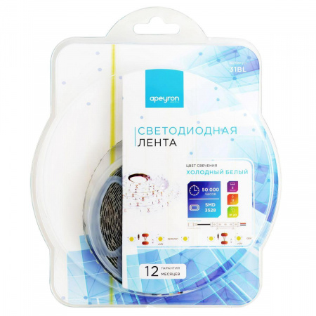 Светодиодная лента Apeyron 9,6W/m 120LED/m 3528SMD холодный белый 5M 31BL Алматы