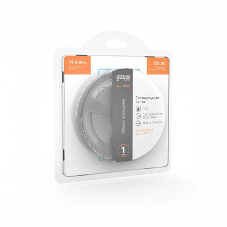 Светодиодная лента Gauss 14,4W/m 120LED/m 2835SMD теплый белый 3M BT082 Алматы