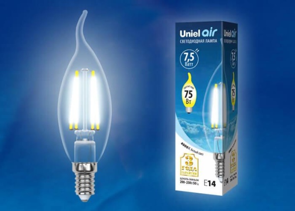 Лампа светодиодная филаментная Uniel E14 7,5W 4000K прозрачная LED-CW35-7,5W/NW/E14/CL GLA01TR UL-00003296