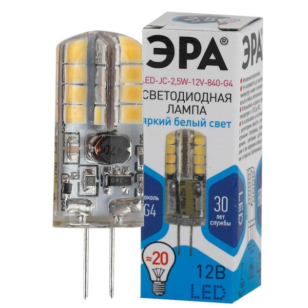 Лампа светодиодная ЭРА G4 2,5W 4000K прозрачная LED JC-2,5W-12V-840-G4 Б0033192