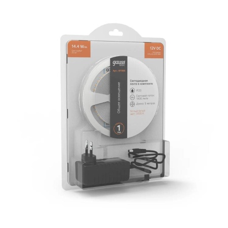 Светодиодная лента Gauss 14,4W/m 120LED/m 2835SMD теплый белый 5M BT085 Алматы