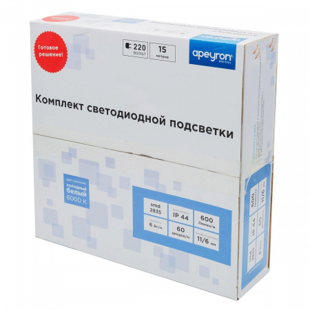 Светодиодная влагозащищенная лента Apeyron 6W/m 60LED/m 2835SMD холодный белый 15M 10-54 Алматы