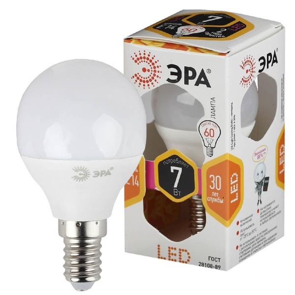 Лампа светодиодная ЭРА E14 7W 2700K матовая LED P45-7W-827-E14 Б0020548