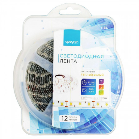 Светодиодная влагозащищенная лента Apeyron 14,4W/m 60LED/m 5050SMD теплый белый 5M 11BL Алматы