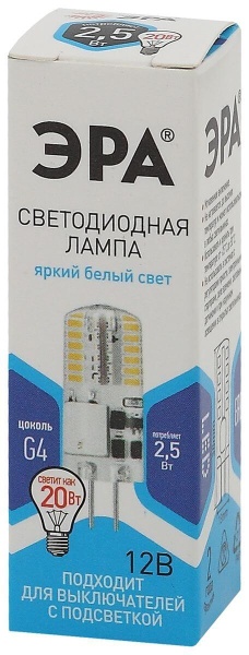 Лампа светодиодная ЭРА G4 2,5W 4000K прозрачная LED-JC-2,5W-12V-SLC-840-G4 Б0049090