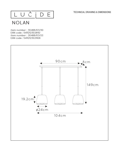 Подвесной светильник Lucide Nolan 30488/03/33