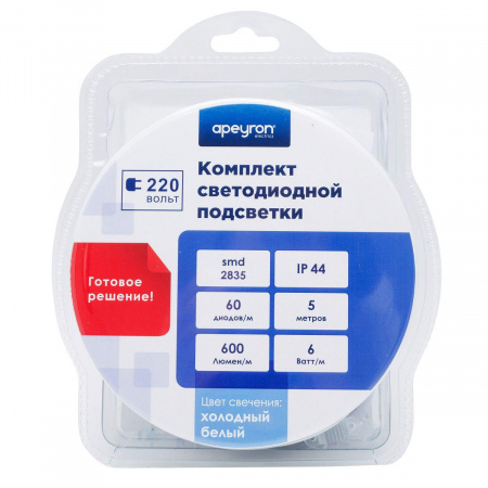 Светодиодная влагозащищенная лента Apeyron 6W/m 60LED/m 2835SMD холодный белый 5M 10-55 Алматы