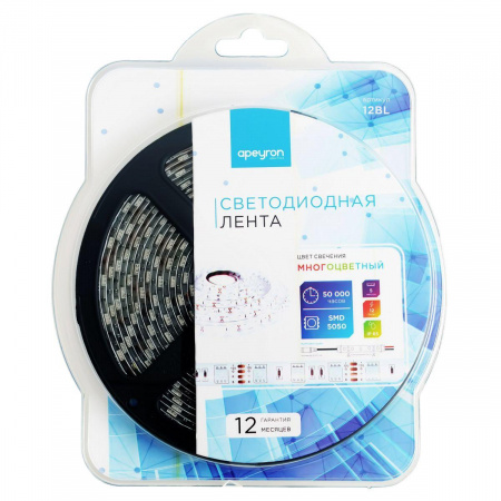 Светодиодная влагозащищенная лента Apeyron 14,4W/m 60LED/m 5050SMD разноцветная 5M 12BL Алматы