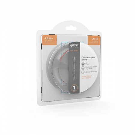Светодиодная лента Gauss 4,8W/m 60LED/m 2835SMD теплый белый 3M BT002 Алматы