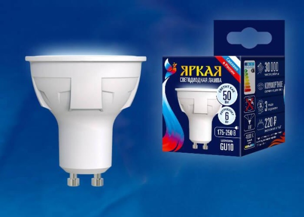 Лампа светодиодная Uniel GU10 6W 4000K матовая LED-JCDR 6W/NW/GU10/FR PLP01WH UL-00002421