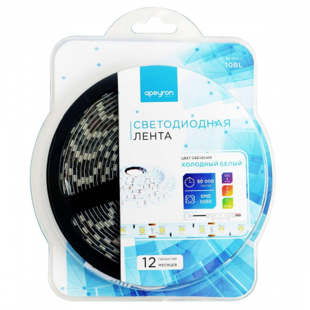 Светодиодная влагозащищенная лента Apeyron 14,4W/m 60LED/m 5050SMD холодный белый 5M 10BL Алматы