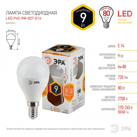 Лампа светодиодная ЭРА E14 9W 2700K матовая LED P45-9W-827-E14 Б0029041 Алматы Лампа светодиодная ЭРА E14 9W 2700K матовая LED P45-9W-827-E14 Б0029041