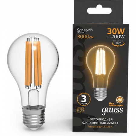 Лампа светодиодная филаментная Gauss E27 30W 2700K прозрачная 102902130 Алматы Лампа светодиодная филаментная Gauss E27 30W 2700K прозрачная 102902130
