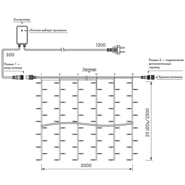 Светодиодная гирлянда Ardecoled занавес 230V теплый белый ARD-Curtain-Home-2000X2500-Clear-300Led Warm 024835